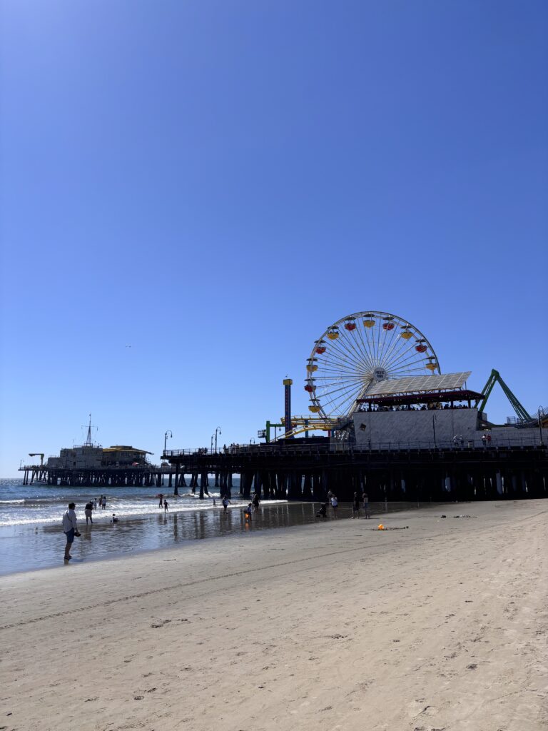 Santa Monica Pier con Pacific Wheel Ferris wheel solare illuminato luna park giostra spiaggia oceano Pacifico