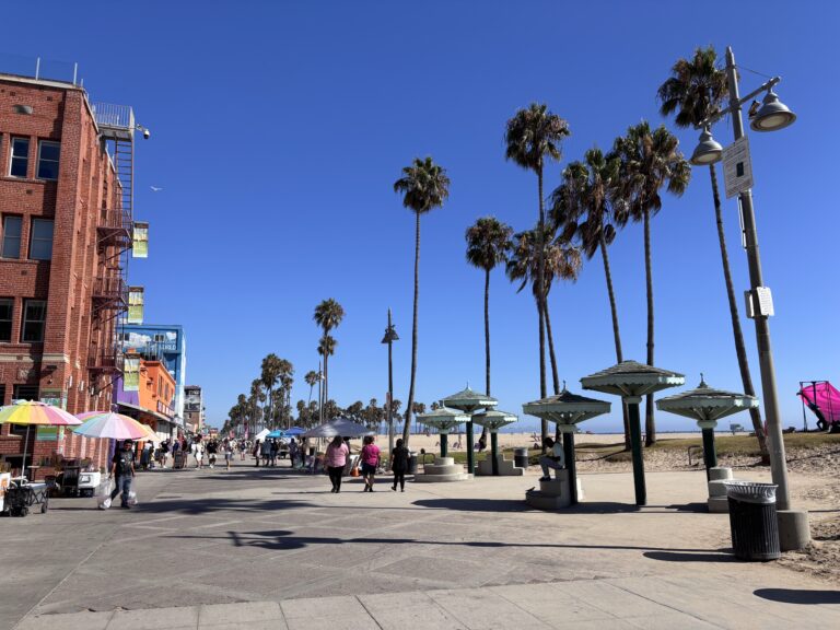 Venice Beach Boardwalk Los Angeles con palme alberi lampioni street vendors negozi vista diurna