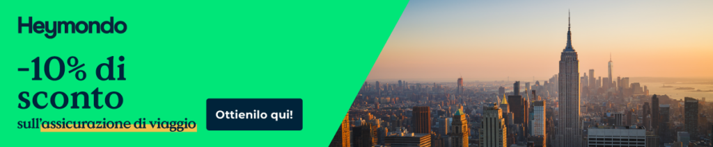 Banner promozionale Heymondo con sconto del 10% su assicurazione viaggio