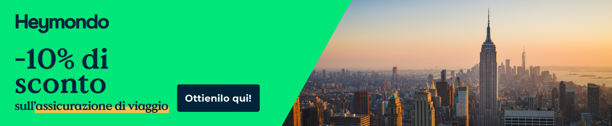 Banner promozionale Heymondo con sconto del 10% su assicurazione viaggio