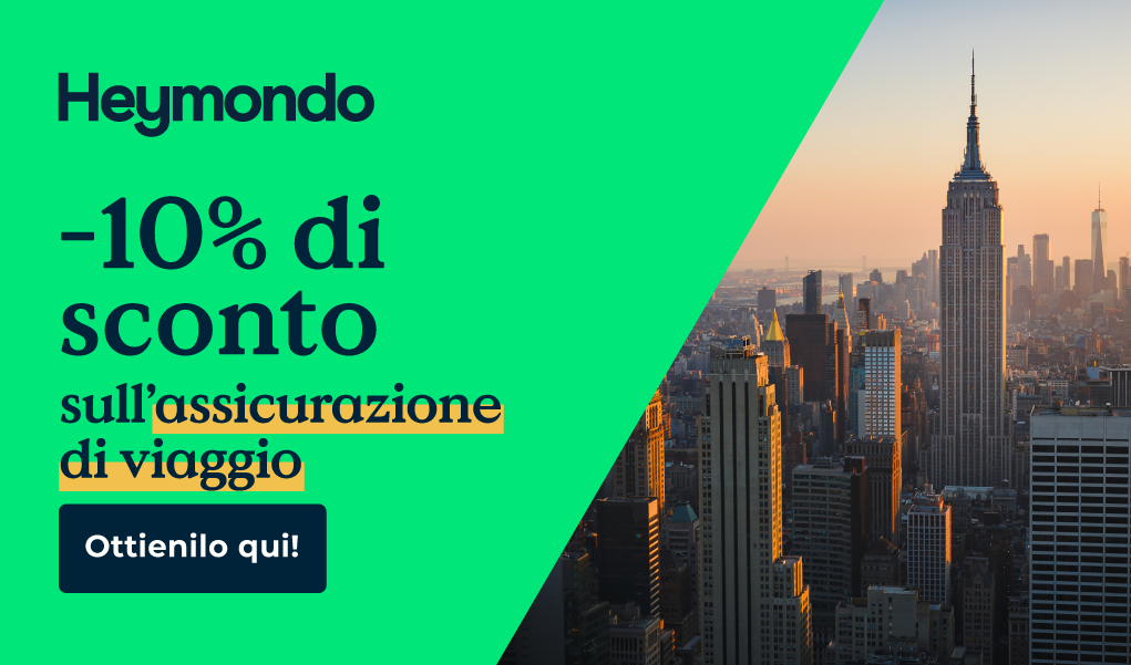 Banner promozionale Heymondo con sconto del 10% su assicurazione viaggio