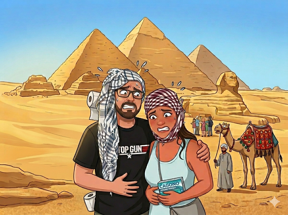 Illustrazione di due viaggiatori italiani davanti alle Piramidi di Giza e alla Sfinge in Egitto