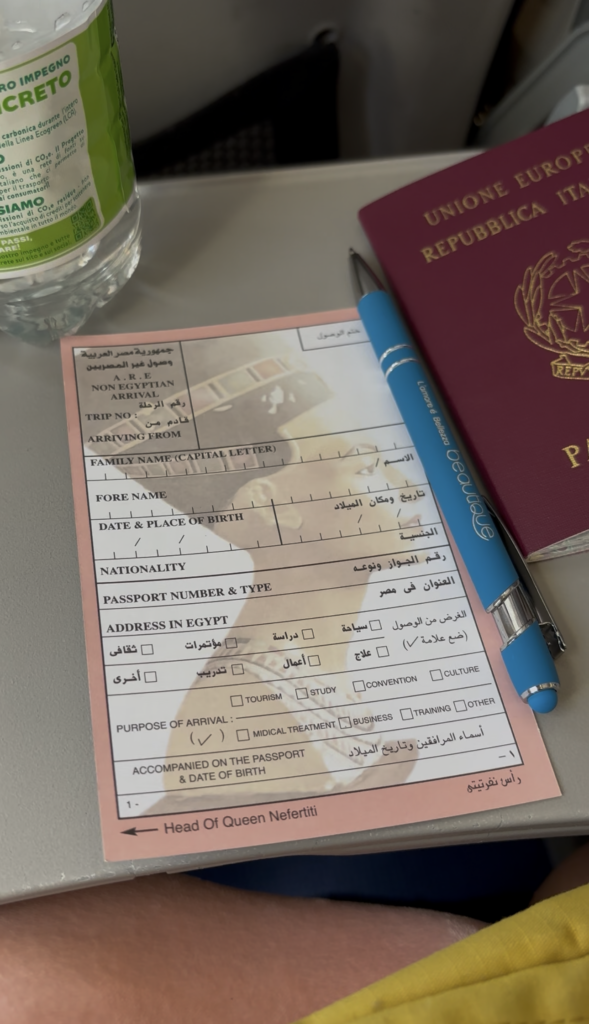 Carta di arrivo da compilare sull'aereo prima di atterrare a Sharm el Sheikh, Egitto